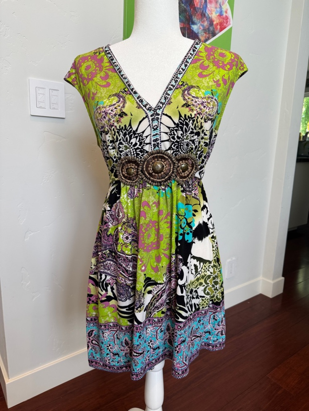 ECI Multicolor Paisley V-Neck Top with Lime Trim